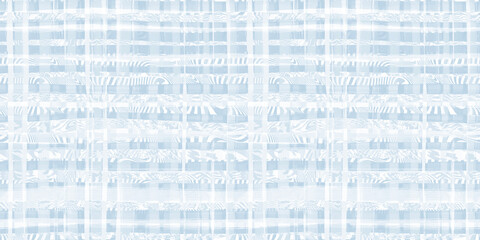 Seamless safari jungle stripes pattern in a woven gingham, windowpane or plaid grid design. Pastel baby blue and white. Nursery or nautical wallpaper. High resolution textile texture background..