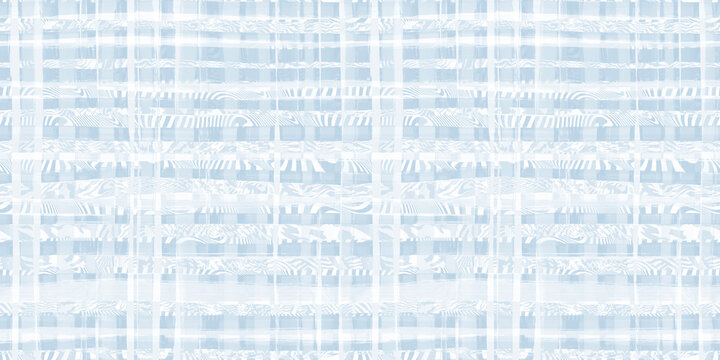 Seamless safari jungle stripes pattern in a woven gingham, windowpane or plaid grid design. Pastel baby blue and white. Nursery or nautical wallpaper. High resolution textile texture background..