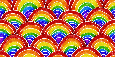 Seamless colorful hand drawn watercolor and crayon rainbow scales children's drawing background. Playful nursery wallpaper pattern. LGBTQ pride flag or diversity concept backdrop. 3D Rendering. .