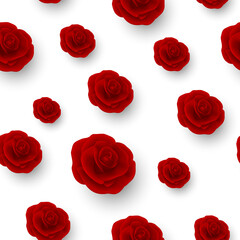 Vector Flower Seamless Pattern, Red Realistic 3d Roses on White. Floral Seamless Background. Wedding Concept. Floral Illustration for Dreeting Card, Invitation, Textile, Wallpaper Design, Rose Flower