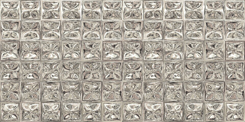 Seamless shiny crystal cut glass block wall tiles background texture. Vintage cottage core disco ball metallic mosaic bricks. A luxury kitchen or bathroom wallpaper high resolution 3D rendering..