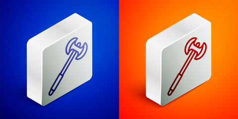Isometric line Medieval poleaxe icon isolated on blue and orange background. Silver square button. Vector