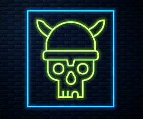 Glowing neon line Skull with viking helmet icon isolated on brick wall background. Happy Halloween party. Vector