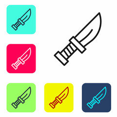 Black line Dagger icon isolated on white background. Knife icon. Sword with sharp blade. Set icons in color square buttons. Vector