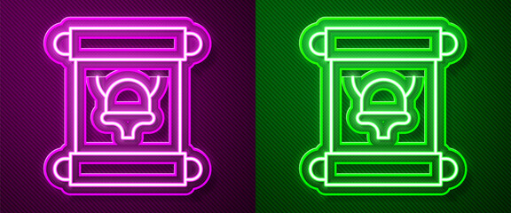 Glowing neon line Decree, paper, parchment, scroll icon icon isolated on purple and green background. Vector