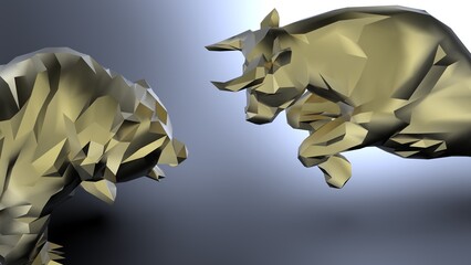 Naklejka premium Gold low-poly bull and bear sculpture staring at each other in dramatic contrasting light representing financial market trends under black-white background. Concept images of stock market. 3D CG.