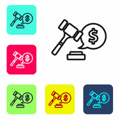 Black line Auction hammer price icon isolated on white background. Gavel - hammer of judge or auctioneer. Bidding process, deal done. Auction bidding. Set icons in color square buttons. Vector