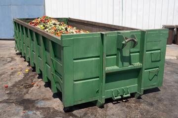 Mix of Expired Vegetables in a huge container, Organic bio waste in a rubbish bin. Heap of Compost...