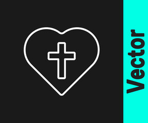 White line Christian cross in heart icon isolated on black background. Happy Easter. Vector