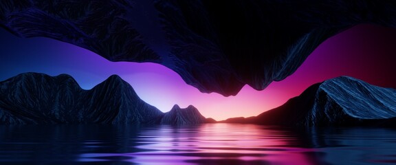 3d render, abstract panoramic background, surreal fantasy landscape with lake water, mountains and pink violet sunset sky. Mystical horizontal wallpaper © wacomka
