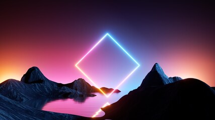 3d rendering. Aesthetic minimalist wallpaper. Surreal landscape with rocky mountains, water, fantastic sunset sky and neon square shape. Abstract background - obrazy, fototapety, plakaty