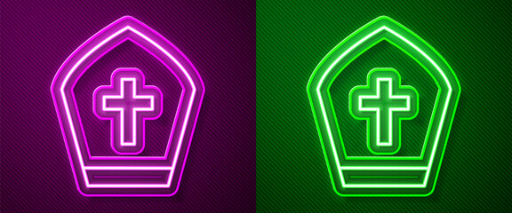 Glowing neon line Pope hat icon isolated on purple and green background. Christian hat sign. Vector