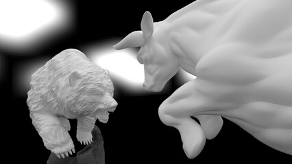 Fototapeta premium Metallic silver bull and bear sculpture staring at each other in dramatic contrasting light representing financial market trends under black-white background. Concept images of stock market. 3D CG.