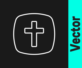 White line Christian cross icon isolated on black background. Church cross. Vector