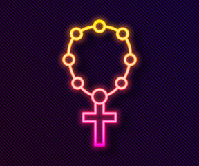 Fototapeta premium Glowing neon line Rosary beads religion icon isolated on black background. Vector