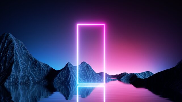 3d render. Aesthetic minimalist wallpaper. Fantastic landscape with rocky mountains, calm water, pink blue evening sky and glowing neon rectangular geometric frame. Abstract futuristic background