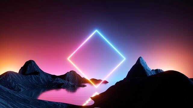 3d rendering. Aesthetic minimalist wallpaper. Surreal landscape with rocky mountains, water, fantastic sunset sky and neon square shape. Abstract background
