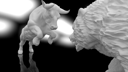 Fototapeta premium Metallic silver bull and bear sculpture staring at each other in dramatic contrasting light representing financial market trends under black-white background. Concept images of stock market. 3D CG.