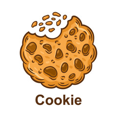 Bitten chocolate chip cookie. Oatmeal biscuit dessert. Web cookies tracking, accept website user data security. Internet protection personal information. Bite crunchy pastry. Homemade baking. Vector