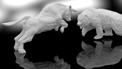 Obraz premium Metallic silver bull and bear sculpture staring at each other in dramatic contrasting light representing financial market trends under black-white background. Concept images of stock market. 3D CG.