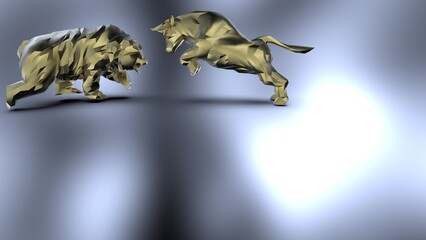 Naklejka premium Gold low-poly bull and bear sculpture staring at each other in dramatic contrasting light representing financial market trends under black-white background. Concept images of stock market. 3D CG.