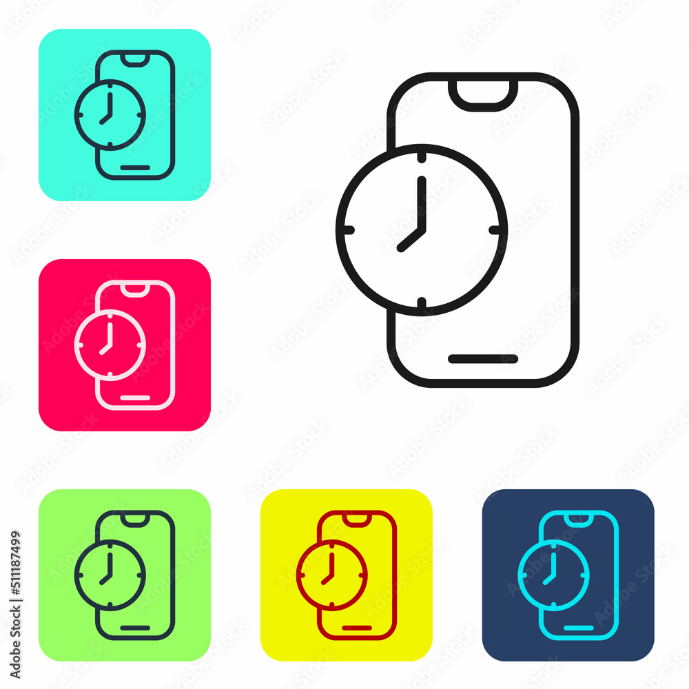 Poster black line alarm clock app smartphone interface icon isolated on white background. set icons in colo