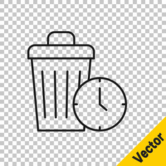Black line Waste of time icon isolated on transparent background. Trash can. Garbage bin sign. Recycle basket icon. Office trash icon. Vector