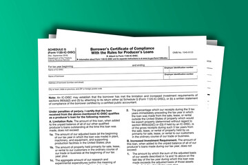 Naklejka premium Form 1120-IC-DISC (Schedule Q) documentation published IRS USA 42409. American tax document on colored
