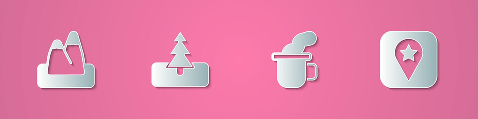 Set paper cut Mountains, Tree, Cup of tea and Location for camping icon. Paper art style. Vector