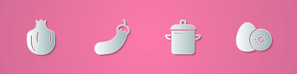 Set paper cut Pomegranate, Eggplant, Cooking pot and Kiwi fruit icon. Paper art style. Vector