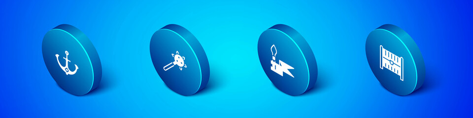 Set Isometric Anchor, Medieval spear, Antique treasure chest and Mace with spikes icon. Vector