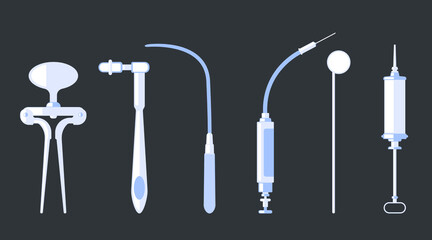 Old Medical equipment Simple set vector, Dental, pill, vaccine flat design