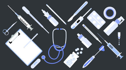 Medical equipment Simple set vector, Dental, pill, vaccine flat design