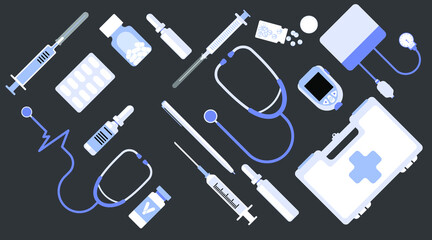 Medical equipment Simple set vector, Dental, pill, vaccine flat design
