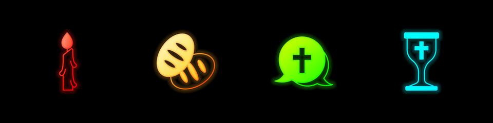 Fototapeta premium Set Burning candle, Christian bread, cross and chalice icon. Vector