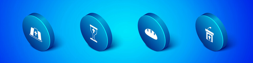 Set Isometric Pope hat, Christian bread, Church sermon tribune and chalice icon. Vector