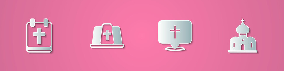 Obraz premium Set paper cut Calendar with Easter, Pope hat, Location church building and Church icon. Paper art style. Vector