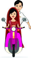 Indian bride groom driving scooter