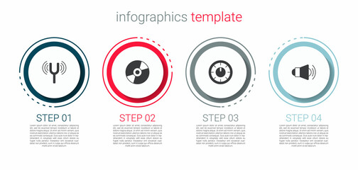 Set Musical tuning fork, Vinyl disk, Sound mixer controller and Megaphone. Business infographic template. Vector