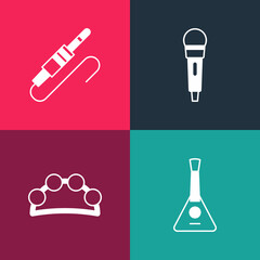 Set pop art Balalaika, Tambourine, Microphone and Audio jack icon. Vector