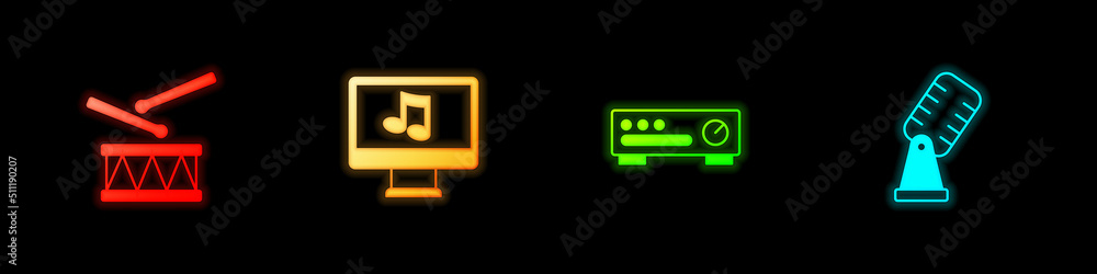 Poster set drum with drum sticks, computer music note, sound mixer controller and microphone icon. vector