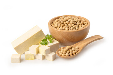 Tofu cheese , parsley leaves , Soybeans in wooden bowl and spoon on white