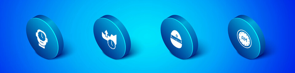 Set Isometric Clock, Kitchen timer, Morning and Stocks market growth graphs icon. Vector