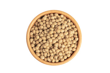Soybeans in wooden bowl on white background. Top view