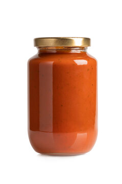 Jar of spaghetti sauce isolated on white background.