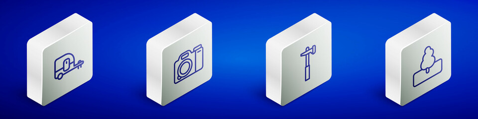 Set Isometric line Rv Camping trailer, Photo camera, Hammer and Tree icon. Vector