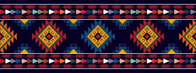 Ikat abstract geometric ethnic seamless pattern design. Tribal boho native textile turkey traditional embroidery vector. Aztec fabric carpet mandala ornaments textile decorations wallpaper.