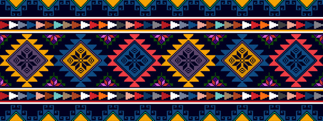 Ikat abstract geometric ethnic seamless pattern design. Tribal boho native textile turkey traditional embroidery vector. Aztec fabric carpet mandala ornaments textile decorations wallpaper.