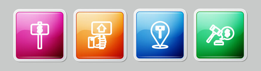 Set line Hand holding auction paddle, Auction hammer and price. Colorful square button. Vector