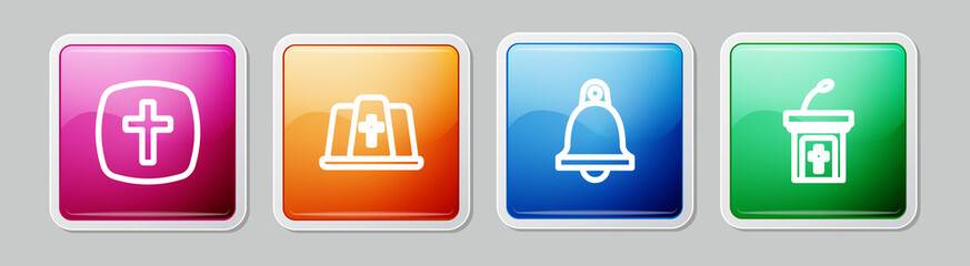 Fototapeta premium Set line Christian cross, Pope hat, Church bell and sermon tribune. Colorful square button. Vector